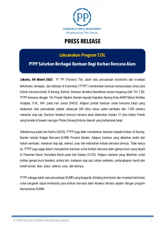 Implement CSR Program: PTPP Distributes Various Aids for Victims of Natural Disasters