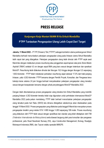 Working Visit of the Minister of SOE of the Republic of Indonesia to Mandalika Circuit: PTPP Completes Repaving Faster Than Target