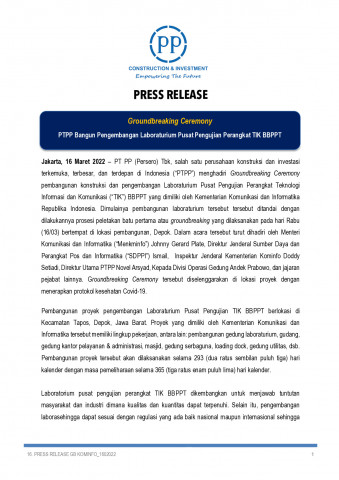 Groundbreaking Ceremony: PTPP Bangun Pengembangan Laboraturium Pusat Pengujian Perangkat TIK BBPPT