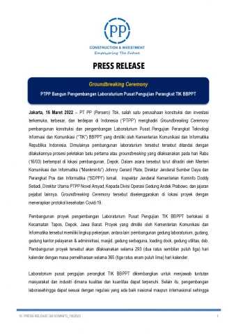 Groundbreaking Ceremony: PTPP Builds Development of BBPPT ICT Equipment Testing Center Laboratory