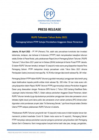 RUPS Tahunan Tahun Buku 2021: Pemegang Saham PTPP Setujui Perubahan Anggaran Dasar Perseroan