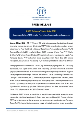 AGMS for Fiscal Year 2021: PTPP Shareholders Approve Amendment to the Company's Articles of Association