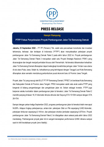 PTPP Fokus Penyelesaian Proyek Pemangunan Jalan Tol Semarang Demak