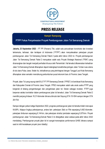 PTPP Focuses on Completing the Semarang Demak Toll Road Construction Project