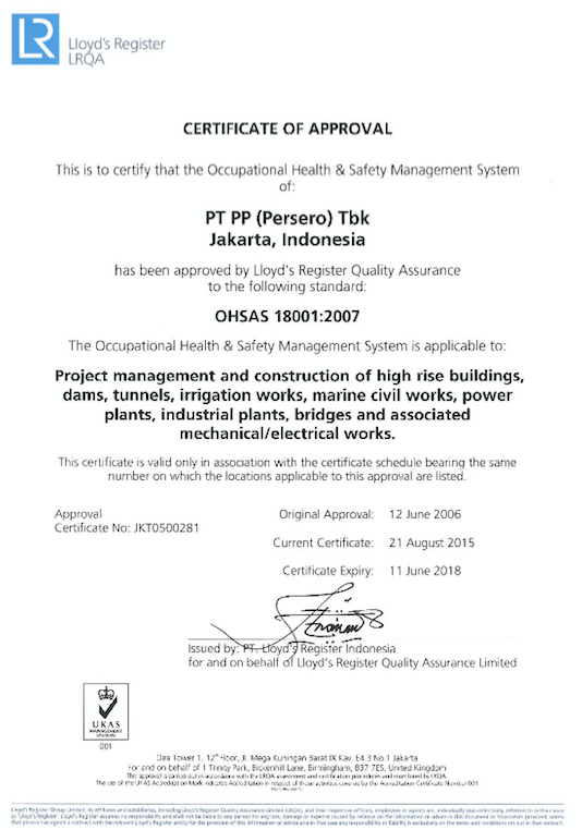 Certificate of Approval for OHSAS 18001:2007
