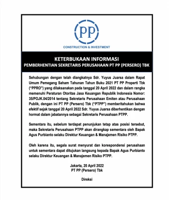 INFORMASI SEKRETARIS PERUSAHAAN PT PP (PERSERO) TBK EFEKTIF PER 20 APRIL 2022