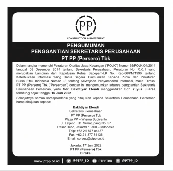 PENGGANTIAN SEKRETARIS PERUSAHAAN EFEKTIF PER 16 JUNI 2022