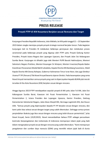 Proyek PTPP di IKN Nusantara Berjalan sesuai Rencana dan Target