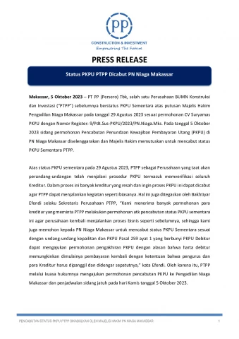 Status PKPU PTPP Dicabut PN Niaga Makassar