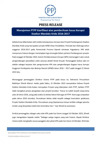 Manajemen PTPP klarifikasi atas pemberitaan kasus Korupsi Stadion Mandala Krida 2016-2017