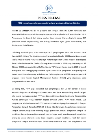 PTPP meraih penghargaan pada bidang berbeda di Bulan Oktober