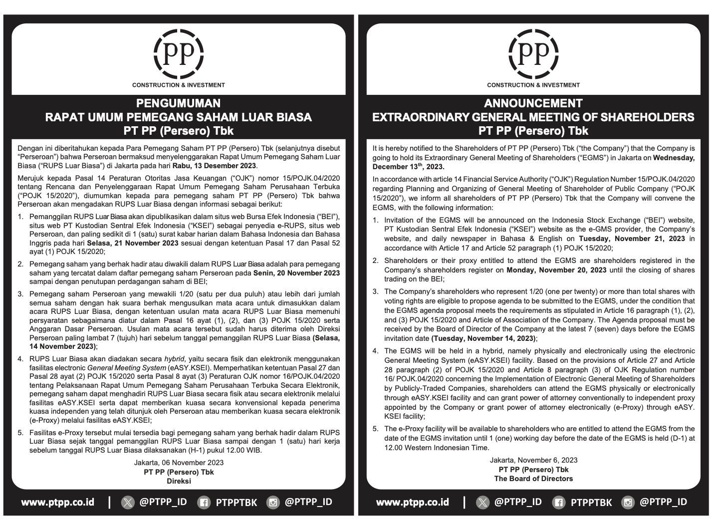 ANNOUNCEMENT EXTRAORDINARY GENERAL MEETING OF SHAREHOLDERS PT PP (Persero) Tbk