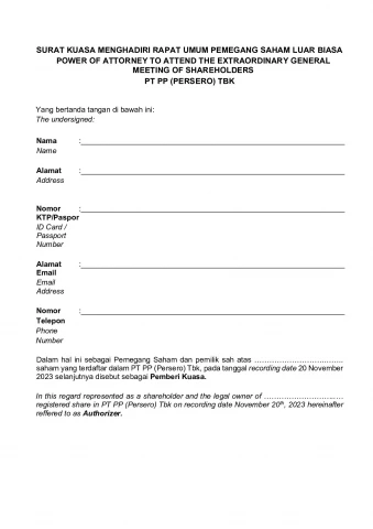 POWER OF ATTORNEY TO ATTEND THE EXTRAORDINARY GENERAL MEETING OF SHAREHOLDERS PT PP (Persero) Tbk