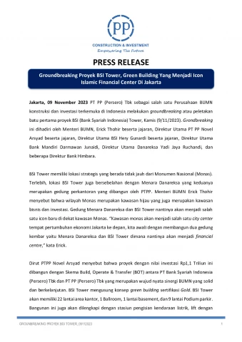 Groundbreaking Proyek BSI Tower, Green Building yang Menjadi Icon Islamic Financial Center di Jakarta
