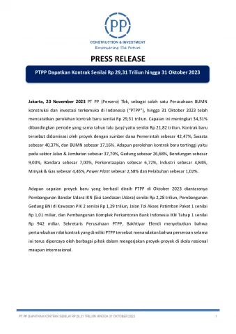 PTPP Dapatkan Kontrak Senilai Rp 29,31 Triliun hingga 31 Oktober 2023