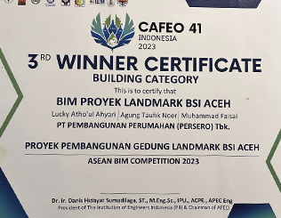 Juara 3 Proyek Pembangunan Gedung Landmark BSI Aceh Kategori Gedung - ASEAN BIM Competition 2023