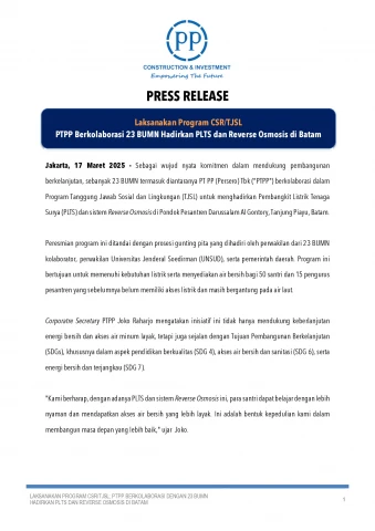 Laksanakan Program CSR/TJSL, PTPP Berkolaborasi 23 BUMN Hadirkan PLTS dan Reverse Osmosis di Batam