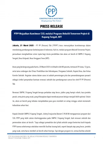 PTPP Wujudkan Komitmen TJSL melalui Program Rebuild Tomorrow Project di Kupang Tengah, NTT
