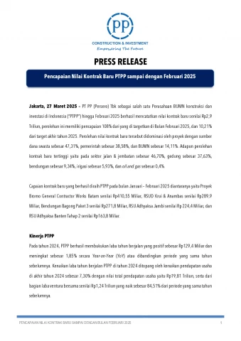 Pencapaian Nilai Kontrak Baru PTPP sampai dengan Februari 2025