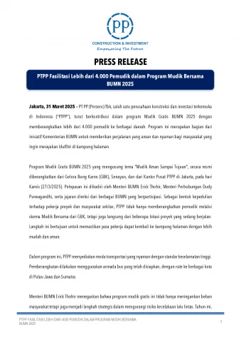 PTPP Fasilitasi Lebih dari 4.000 Pemudik dalam Program Mudik Bersama BUMN 2025