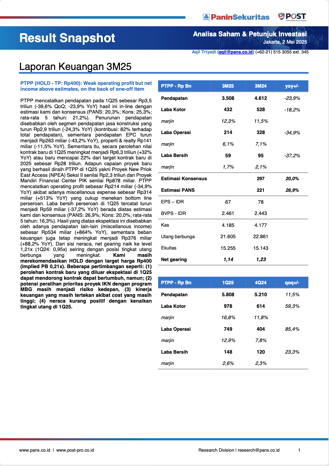 Panin Sekuritas, Financial Report 3M25