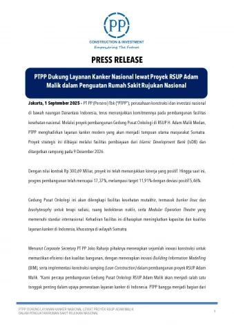 PTPP Dukung Layanan Kanker Nasional lewat Proyek RSUP Adam Malik dalam Penguatan Rumah Sakit Rujukan Nasional