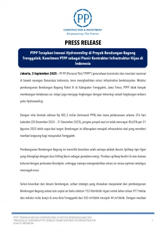 PTPP Terapkan Inovasi Hydroseeding di Proyek Bendungan Bagong Trenggalek; Komitmen PTPP sebagai Pionir Kontraktor Infrastruktur Hijau di Indonesia