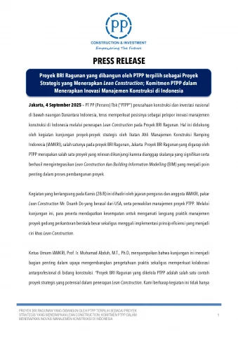Proyek BRI Ragunan yang dibangun oleh PTPP terpilih sebagai Proyek Strategis yang Menerapkan Lean Construction; Komitmen PTPP dalam Menerapkan Inovasi Manajemen Konstruksi di Indonesia