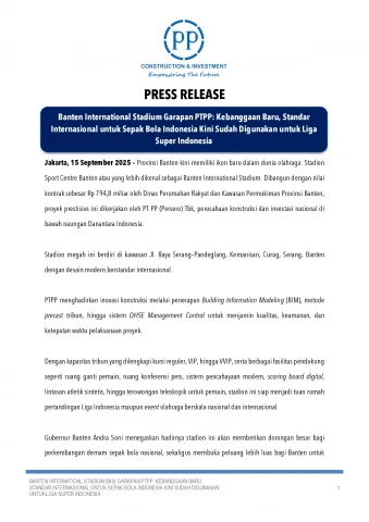 Banten International Stadium Garapan PTPP: Kebanggaan Baru, Standar Internasional untuk Sepak Bola Indonesia Kini Sudah Digunakan untuk Liga Super Indonesia