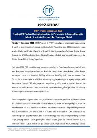 PTPP – Public Expose Live 2025 Strategi PTPP dalam Meningkatkan Kinerja Perusahaan di Tengah Dinamika Industri Konstruksi Nasional dan Tantangan Global