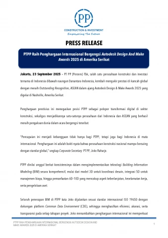 PTPP Raih Penghargaan Internasional Bergengsi Autodesk Design And Make Awards 2025 di Amerika Serikat