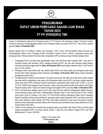 PENGUMUMAN RAPAT UMUM PEMEGANG SAHAM LUAR BIASA TAHUN 2025 PT PP (PERSERO) TBK