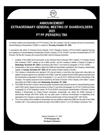 ANNOUNCEMENT EXTRAORDINARY GENERAL MEETING OF SHAREHOLDERS 2025 PT PP (PERSERO) TBK