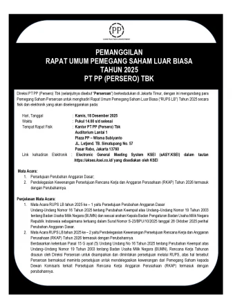 PEMANGGILAN RAPAT UMUM PEMEGANG SAHAM LUAR BIASA TAHUN 2025 PT PP (PERSERO) TBK