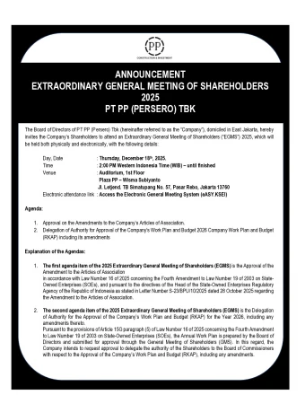ANNOUNCEMENT EXTRAORDINARY GENERAL MEETING OF SHAREHOLDERS 2025 PT PP (PERSERO) TBK