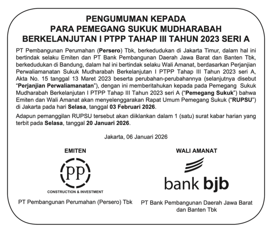 Sukuk Mudharabah Berkelanjutan I PTPP Tahap III Tahun 2023 Seri A