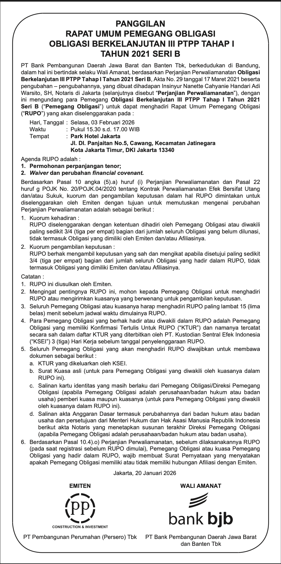 Notice of General Meeting of Holders PTPP Shelf-Registered Bond III Phase I 2021 Serie B