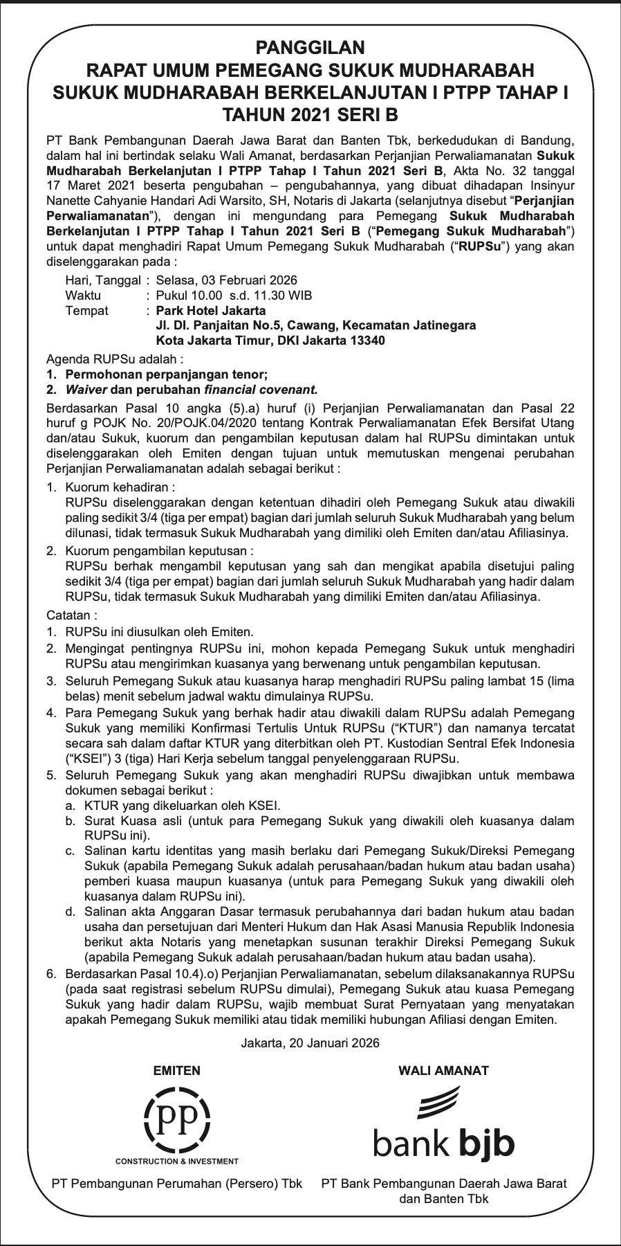 Notice of General Meeting of Holders PTPP Shelf-Registered Mudharabah Sharia Bond I Phase I 2021 Serie B
