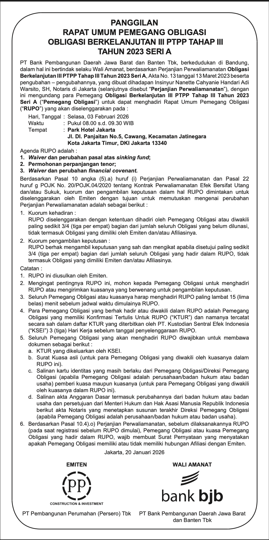 Notice of General Meeting of Holders PTPP Shelf-Registered Bond III Phase III 2023 Serie A