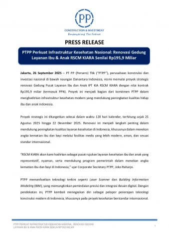 PTPP Perkuat Infrastruktur Kesehatan Nasional: Renovasi Gedung Layanan Ibu & Anak RSCM KIARA Senilai Rp195,9 Miliar