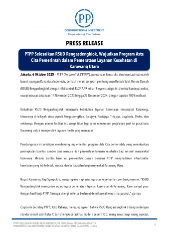 PTPP Selesaikan RSUD Rengasdengklok, Wujudkan Program Asta Cita Pemerintah dalam Pemerataan Layanan Kesehatan di Karawang Utara