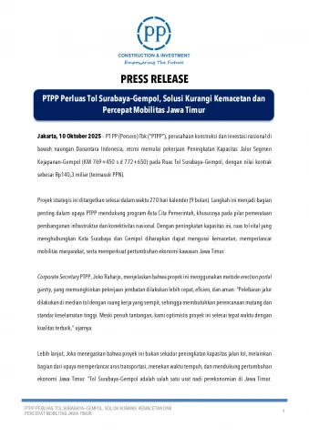PTPP Perluas Tol Surabaya–Gempol, Solusi Kurangi Kemacetan dan Percepat Mobilitas Jawa Timur