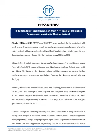 Tol Kataraja Seksi 1 Siap Dilewati, Komitmen PTPP dalam Menyelesaikan Pembangunan Infrastruktur Strategis Nasional