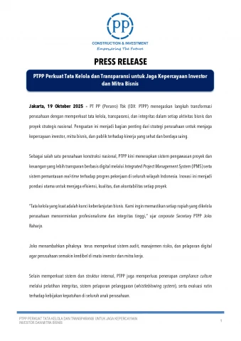 PTPP Perkuat Tata Kelola dan Transparansi untuk Jaga Kepercayaan Investor dan Mitra Bisnis