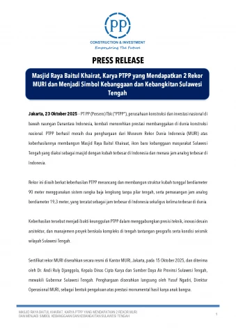 Masjid Raya Baitul Khairat, Karya PTPP yang Mendapatkan 2 Rekor MURI dan Menjadi Simbol Kebanggaan dan Kebangkitan Sulawesi Tengah