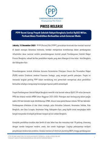 PTPP Resmi Garap Proyek Sekolah Rakyat Bengkulu Senilai Rp502 Miliar, Perkuat Akses Pendidikan Berkualitas untuk Generasi Muda