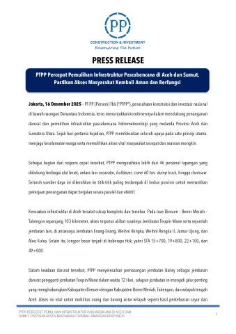 PTPP Percepat Pemulihan Infrastruktur Pascabencana di Aceh dan Sumut, Pastikan Akses Masyarakat Kembali Aman dan Berfungsi