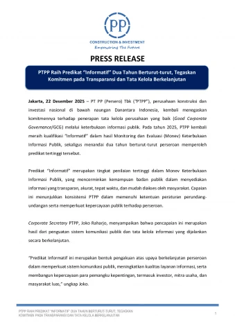 PTPP Raih Predikat “Informatif” Dua Tahun Berturut-turut, Tegaskan Komitmen pada Transparansi dan Tata Kelola Berkelanjutan
