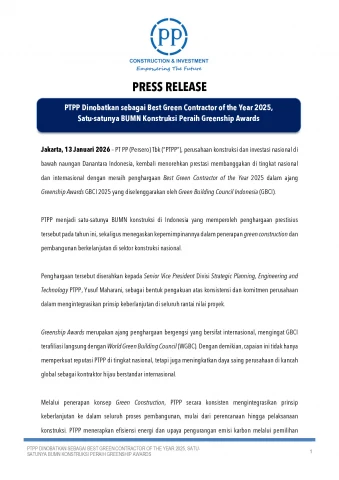 PTPP Dinobatkan sebagai Best Green Contractor of the Year 2025, Satu-satunya BUMN Konstruksi Peraih Greenship Awards
