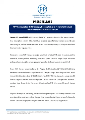 PTPP Rampungkan RSUD Tarempa, Dukung Asta Cita Pemerintah Perkuat Layanan Kesehatan di Wilayah Terluar